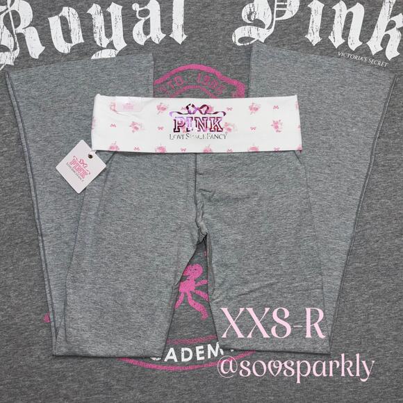 PINK x LoveShackFancy Heather Gray Beaux Icon Cotton Foldover Flare Leggings - Picture 1 of 11